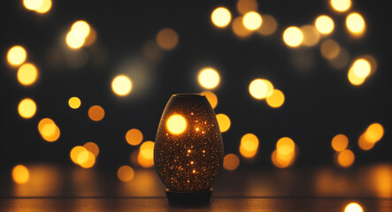 Empty wooden table on blurred lamp light gold bokeh, dark city night abstract banner background, place for your products on the table