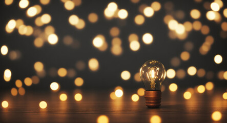 Empty wooden table on blurred lamp light gold bokeh, dark city night abstract banner background, place for your products on the table