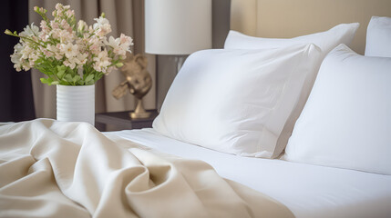 Close-up of a bunch of beautiful fresh flowers, king size soft bed. Banner for luxury hotel resort.