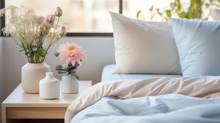 Close-up of a bunch of beautiful fresh flowers, king size soft bed. Banner for luxury hotel resort.