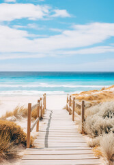 A wooden boardwalk with wooden railings leading through the sand dunes to a sandy beach with clear blue sea. The sand dunes have patches of green shrubs and grasses. Peaceful and serene mood. - obrazy, fototapety, plakaty