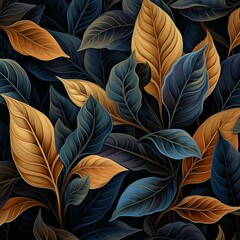 Black filled leaves smooth transitions patterns a pattern of blue and brown leaves on a black background, fractal leaves, fractal blue leaves, beautiful digital artwork, very detailed leaves, dark but