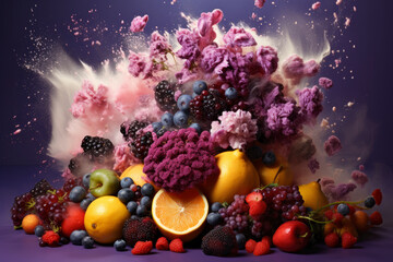 Fresh fruits with drops of juice and pulp exploding on black background, healthy eating concept