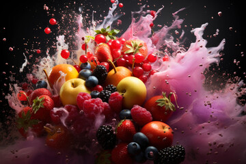 Obraz na płótnie Canvas Fresh fruits with drops of juice and pulp exploding on black background, healthy eating concept