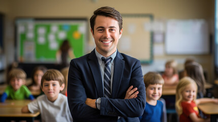 Portrait of happy male teacher in classroom in front of pupils - obrazy, fototapety, plakaty