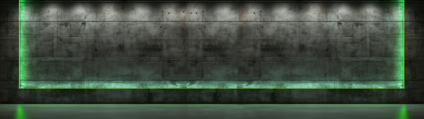 Concrete wall with green neon light like frame on dark grey background with white lights from above