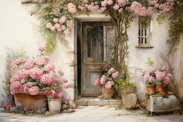 Floral doorway portraying rustic charm in a vintage watercolor style. Generative AI