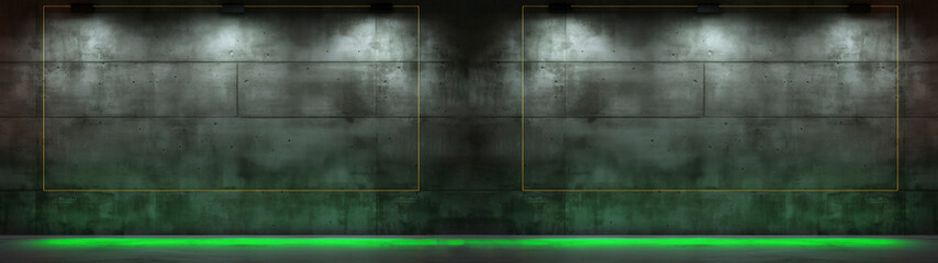 Concrete wall with green neon light line and two golden frames on dark grey background with white lights from above
