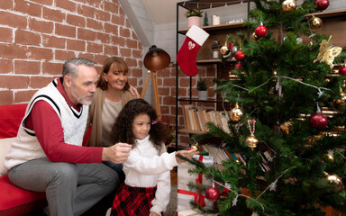 Adorable family decorates the Christmas tree with colorful lights and balls.