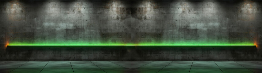 Concrete wall with green neon light line on dark grey background with white lights from above