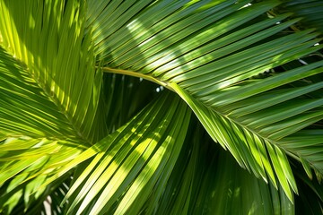 Closeup of sunlit tropical palm tree leaves. Generative AI