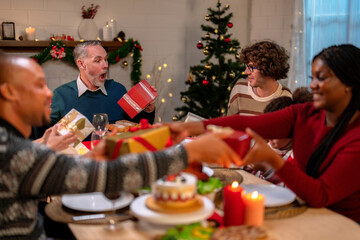 Merry Christmas and Happy New Year, Happy family eating dinner at home, Celebrate family holidays.