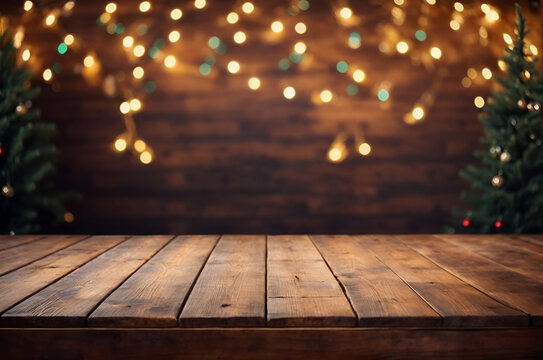 Empty wooden table for product display light blurred background with christmas tree. High quality images
