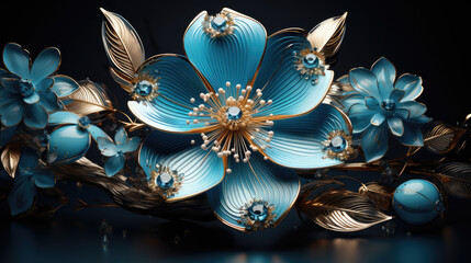 a close up of a blue flower on a black background.   Illustration of a Cyan color flower, Perfect for Wall Art.