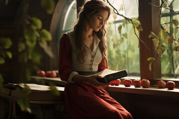In a village church nestled in the midst of an apple orchard, a woman in overalls and boots takes a break from her work, sitting on a wooden pew with her Bible in hand, as she paus 