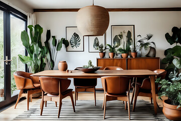 Classic scandinavian mid century modern wood, cabinet, tropical plants and leather chairs. Boho style dining room green ecology - obrazy, fototapety, plakaty