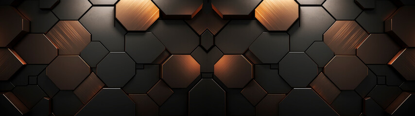 Metal with structure as octagon, black and gold elements with 3d effect, background, banner, texture