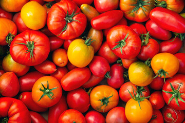 Assortment of red and yellow tomatoes, fresh tomatoes of various colors and cultivar. Background, texture. Top view