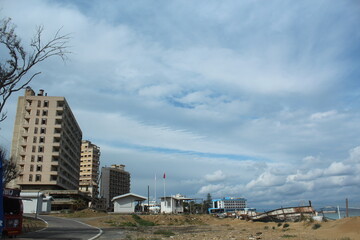 Fototapeta premium Closed Maraş, once known as the Las Vegas of the Middle East, with its beaches, accommodation and entertainment venues, banks and shops.