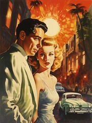 hollywood pulp crime. a painting of a man and a woman standing next to a car, old retro pulp noir comic cover, movie poster painting, classic film noir scene, movie poster art, 