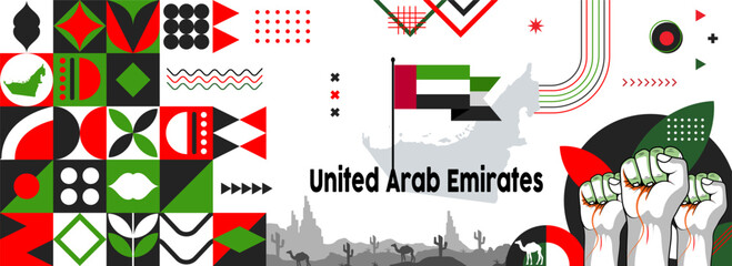 Map and flag of united arab emirates national or independance day banner with typography. flag colors theme background and geometric abstract retro modern colorfull design