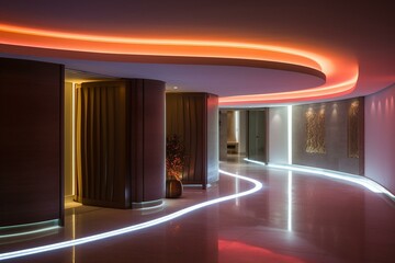 Contemporary entrance with radiant LED lighting throughout. Unoccupied area. Generative AI