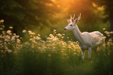 Obraz premium A Seneca White Deer In a lush green meadow with wildflowers 