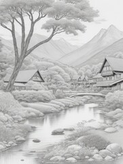 Sketh black and white landscape in the mountains