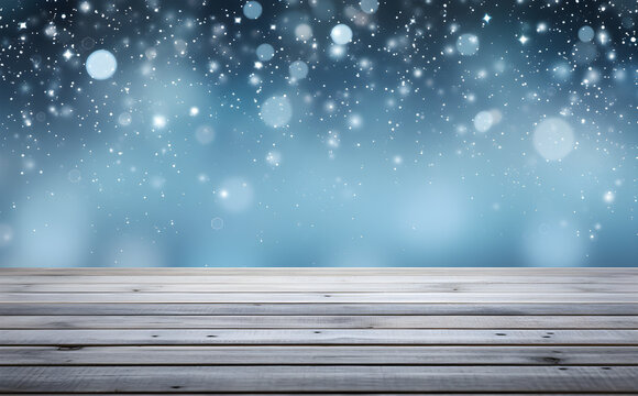 Blue winter background with bokeh wooden floor, copy space