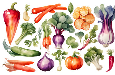 Set of watercolor vegetables isolated on transparent background