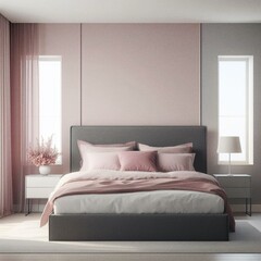 bedroom with modern bed, pink and gray color, airy window with solid wall 