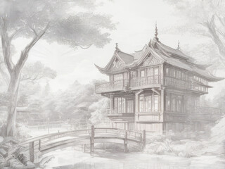 Sketch drawing pencil color_chinese temple in the fog