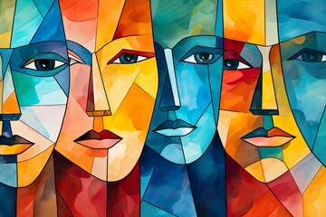 Seamless male faces in the style of cubism water colour painting. Abstract lgbt painting. Digital illustration.