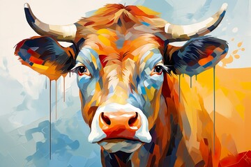 Seamless sketch ancient Cow in geometric shape Abstract painting modern poster.