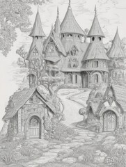 sketch art cartoon castle in the forest
