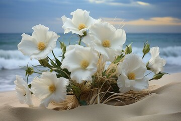 Ivory white flowers on the beach with neutral background and clouds. Generative AI