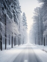 Winter Road Amidst Tall Trees A Serene Snowy Journey