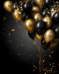 Festive black and gold balloons and confetti on a black background celebration theme