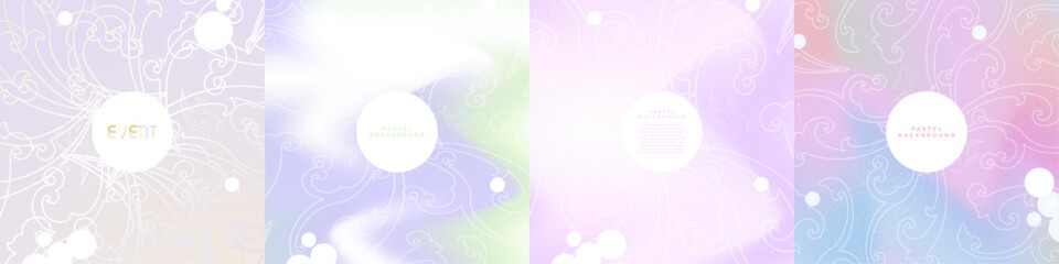 Fototapeta na wymiar Set of Florid Patterned Backgrounds on Pastel Gradients with shining glitter and bright colorful liquid backdrops. White Square for texts and designs. Vector Templates. 