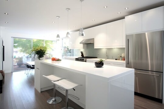 Contemporary kitchen featuring sleek white cabinets. Generative AI