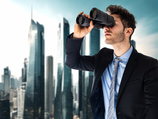 Giant businessman looking through binoculars in a metropolis