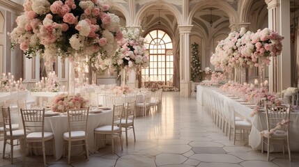 Fototapeta na wymiar White and pink wedding flowers and wedding decorations background, floral stage, bright window and wedding reception room.