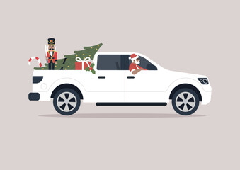 A contemporary Santa Claus, driving a pickup truck, delivering Christmas gifts to children - obrazy, fototapety, plakaty