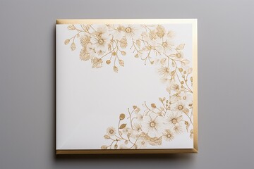 Beautifully designed wedding invitation card with golden floral pattern decoration on gray background.