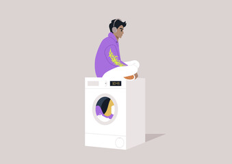 A youthful character in a hoodie, wearing oversized headphones, seated atop a washing machine while patiently awaiting the completion of their laundry