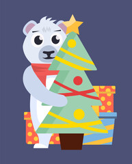 polar christmas bear. cartoon white bear in winter christmas clothes, gifts, holiday characters collection animal with christmas tree. vector cartoon characters flat characters.