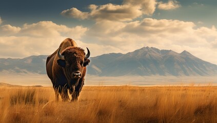 a large bison stands in the grass with a background of mountains Generative AI - obrazy, fototapety, plakaty