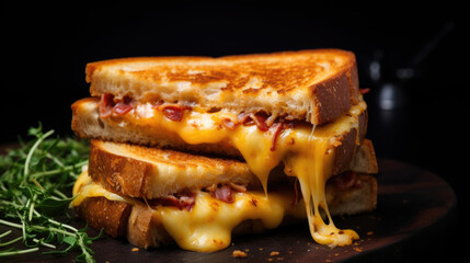Tasty grilled sandwich with cheese on black background