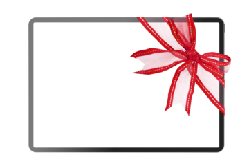 tablet computer isolated with red ribbon for Christmas on a transparent background in PNG format