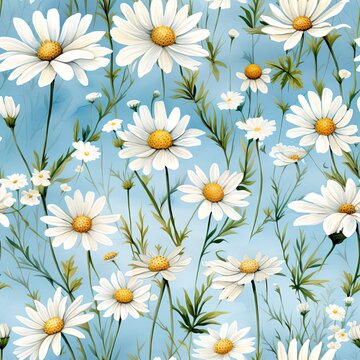 seamless pattern of white daisies on a light blue background